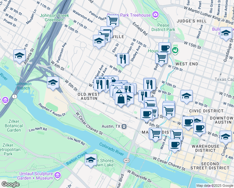 map of restaurants, bars, coffee shops, grocery stores, and more near 1202 West 6th Street in Austin