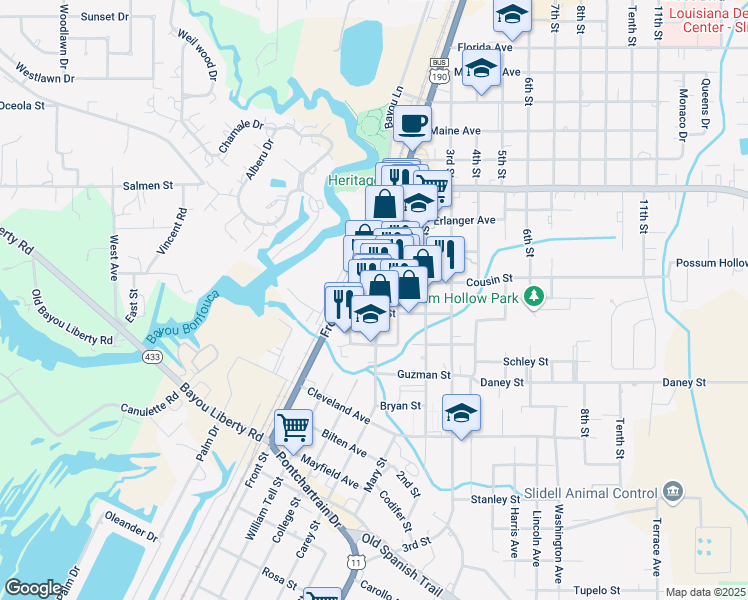 map of restaurants, bars, coffee shops, grocery stores, and more near 2247 Carey Street in Slidell