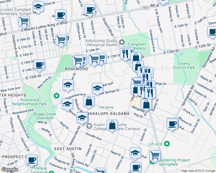 map of restaurants, bars, coffee shops, grocery stores, and more near 2808 Oak Springs Drive in Austin