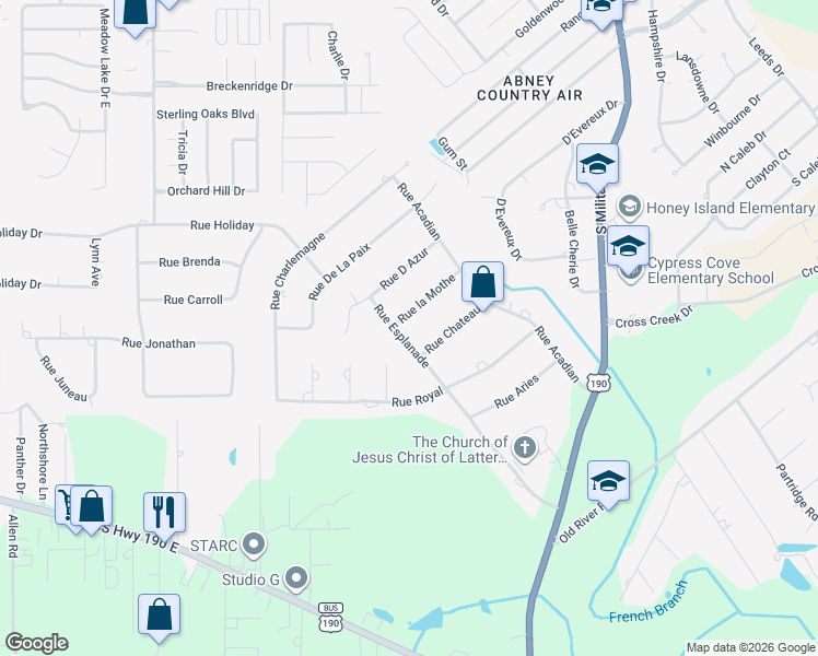 map of restaurants, bars, coffee shops, grocery stores, and more near 117 Rue Chateau in Slidell