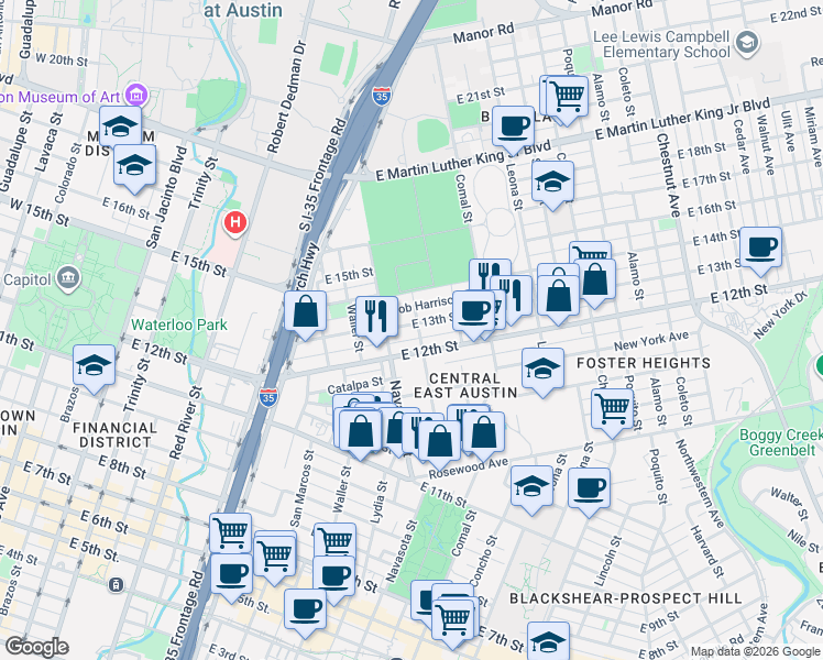 map of restaurants, bars, coffee shops, grocery stores, and more near 1300 East 12th Street in Austin