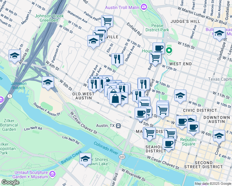 map of restaurants, bars, coffee shops, grocery stores, and more near 1202 West 6th Street in Austin