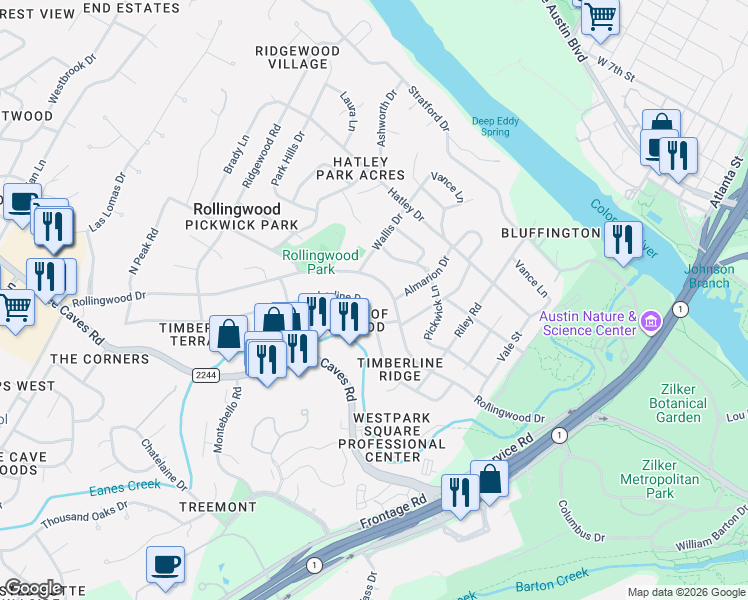 map of restaurants, bars, coffee shops, grocery stores, and more near 4805 Timberline Drive in Austin