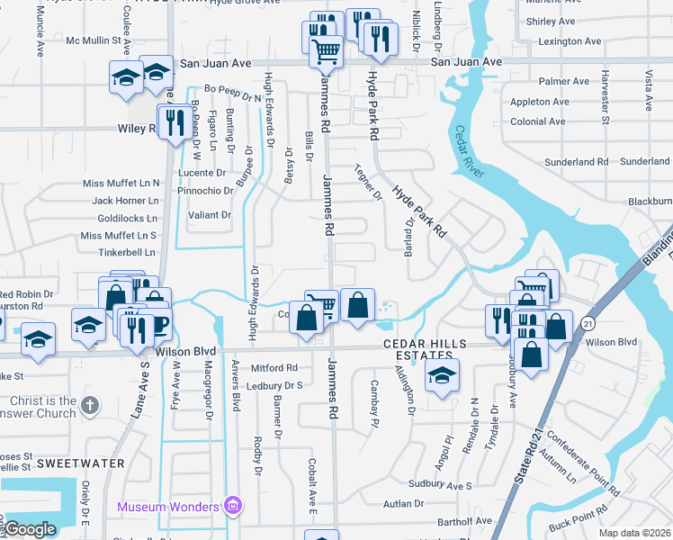map of restaurants, bars, coffee shops, grocery stores, and more near 2501 Jammes Road in Jacksonville