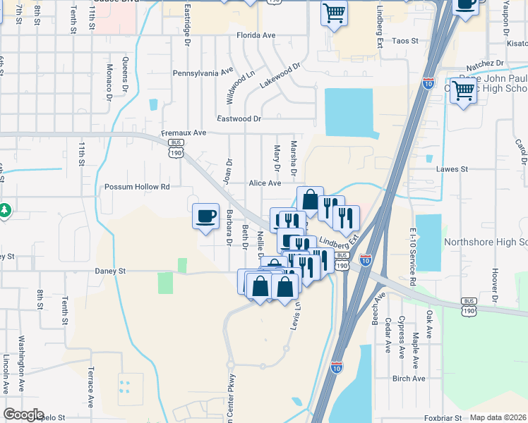 map of restaurants, bars, coffee shops, grocery stores, and more near 1937 Nellie Drive in Slidell