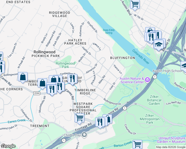 map of restaurants, bars, coffee shops, grocery stores, and more near 401 Inwood Road in Rollingwood