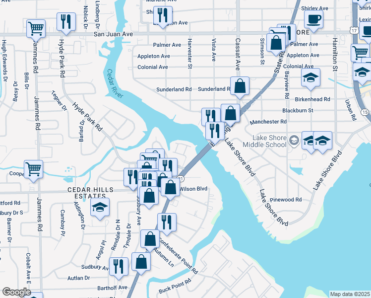 map of restaurants, bars, coffee shops, grocery stores, and more near 3434 Blanding Boulevard in Jacksonville