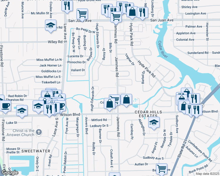 map of restaurants, bars, coffee shops, grocery stores, and more near 2518 Jammes Road in Jacksonville