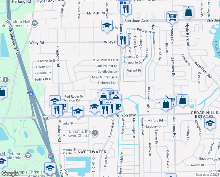 map of restaurants, bars, coffee shops, grocery stores, and more near 6813 Misty View Drive in Jacksonville