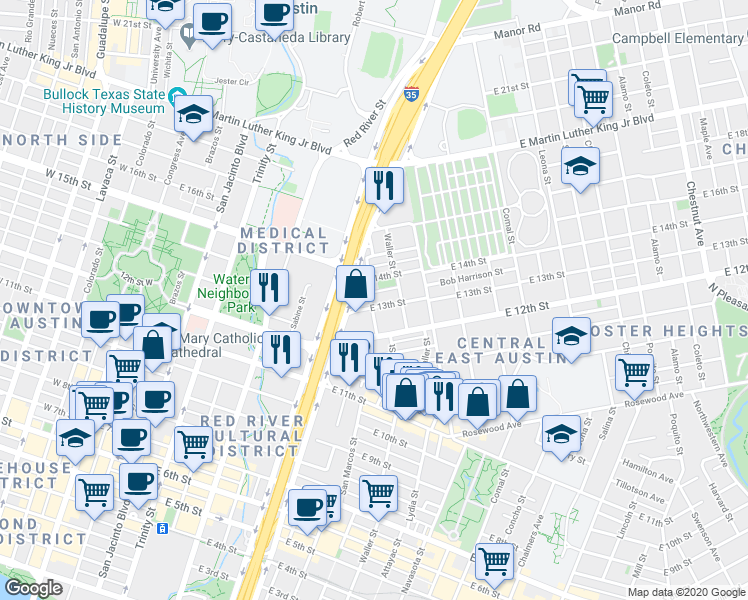 map of restaurants, bars, coffee shops, grocery stores, and more near 813 1/2 East 13th Street in Austin