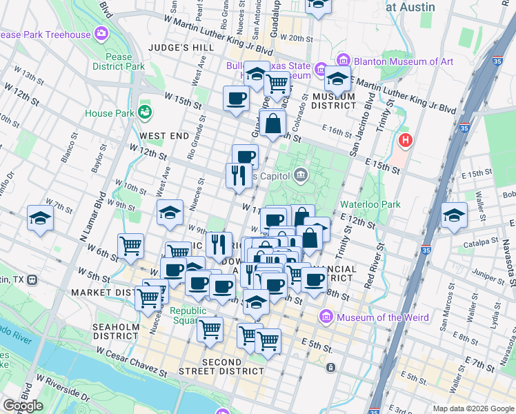 map of restaurants, bars, coffee shops, grocery stores, and more near 1006 Colorado Street in Austin