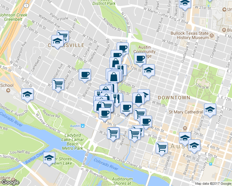 map of restaurants, bars, coffee shops, grocery stores, and more near 709 Henderson Street in Austin