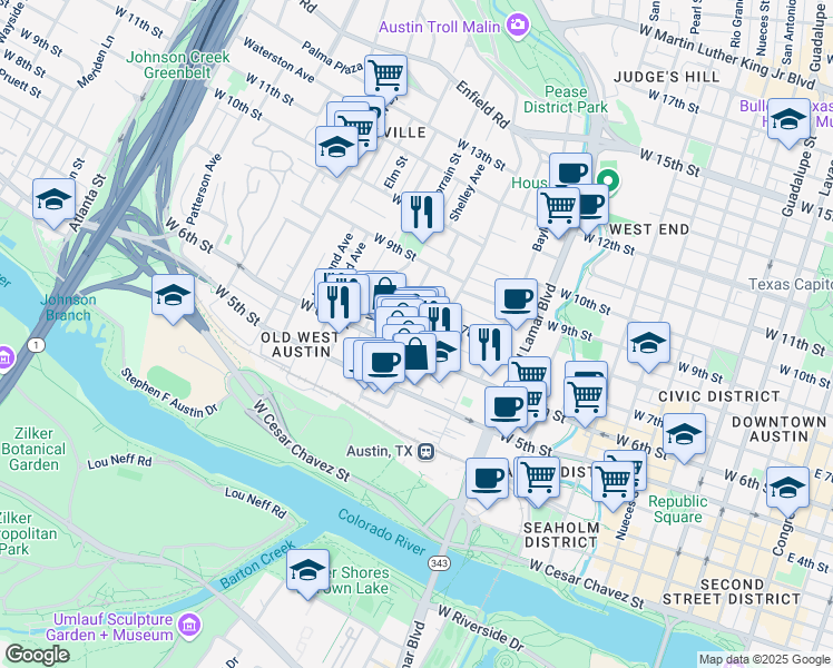 map of restaurants, bars, coffee shops, grocery stores, and more near 1202 West 6th Street in Austin