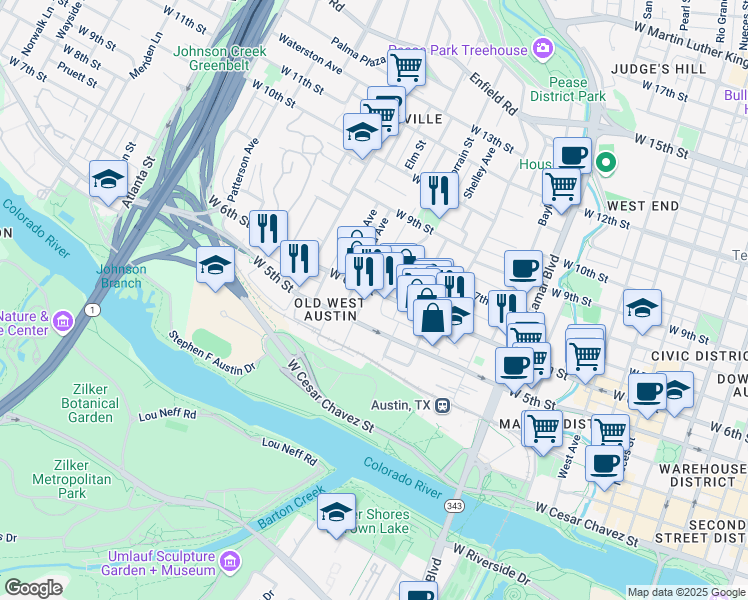 map of restaurants, bars, coffee shops, grocery stores, and more near 1219 West 6th Street in Austin