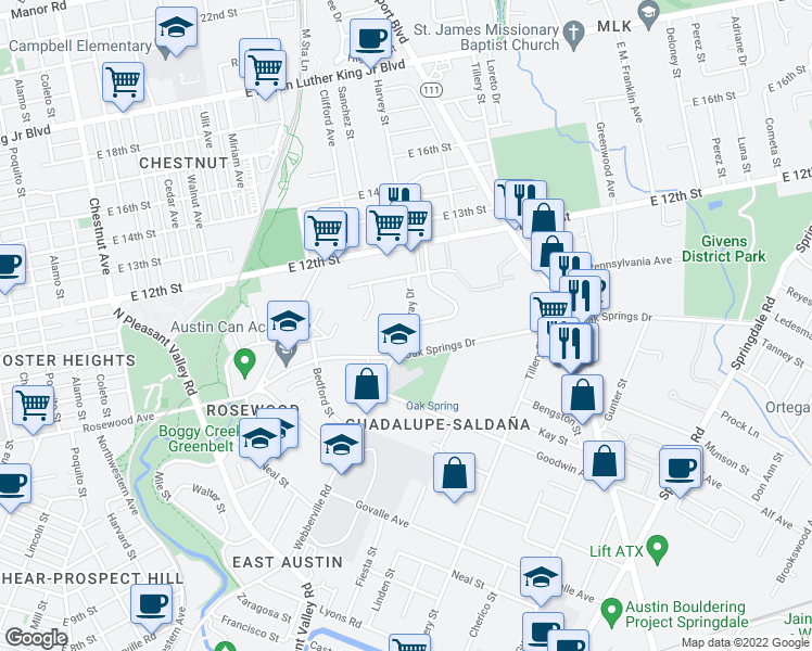map of restaurants, bars, coffee shops, grocery stores, and more near Ridgeway Dr & Crest Ave in Austin