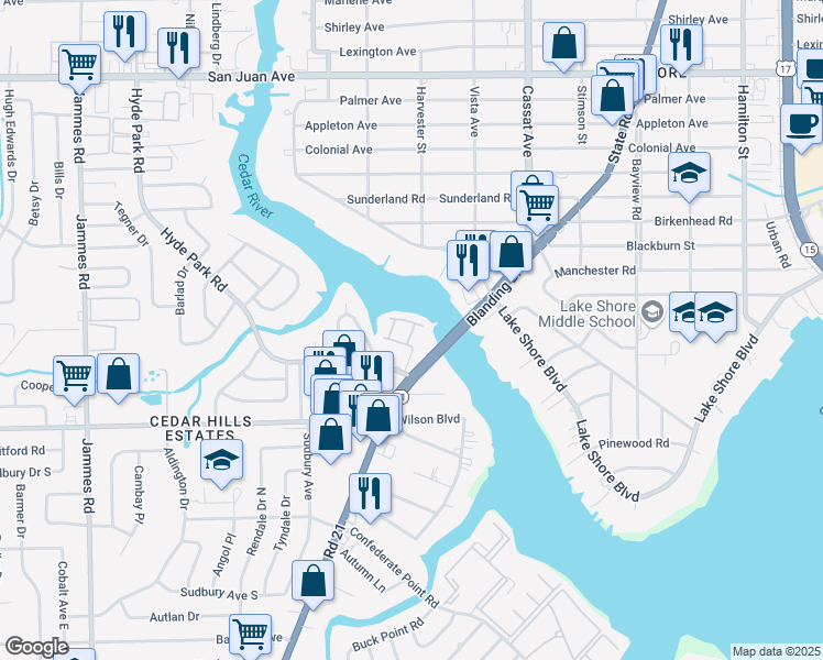 map of restaurants, bars, coffee shops, grocery stores, and more near 3434 Blanding Boulevard in Jacksonville