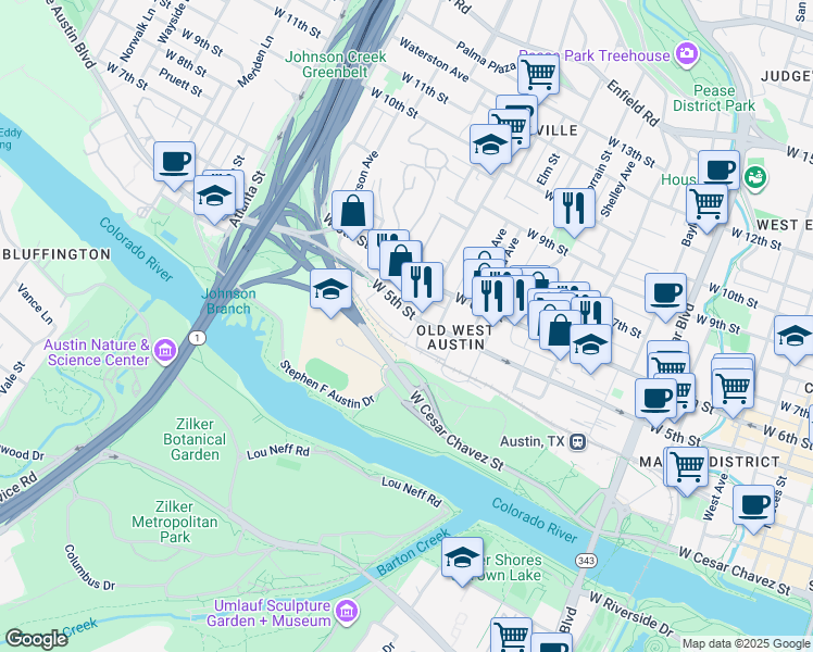 map of restaurants, bars, coffee shops, grocery stores, and more near 1611 West 5th Street in Austin