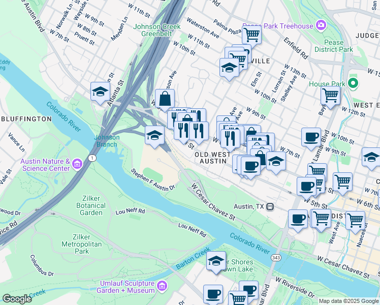 map of restaurants, bars, coffee shops, grocery stores, and more near 1611 West 5th Street in Austin