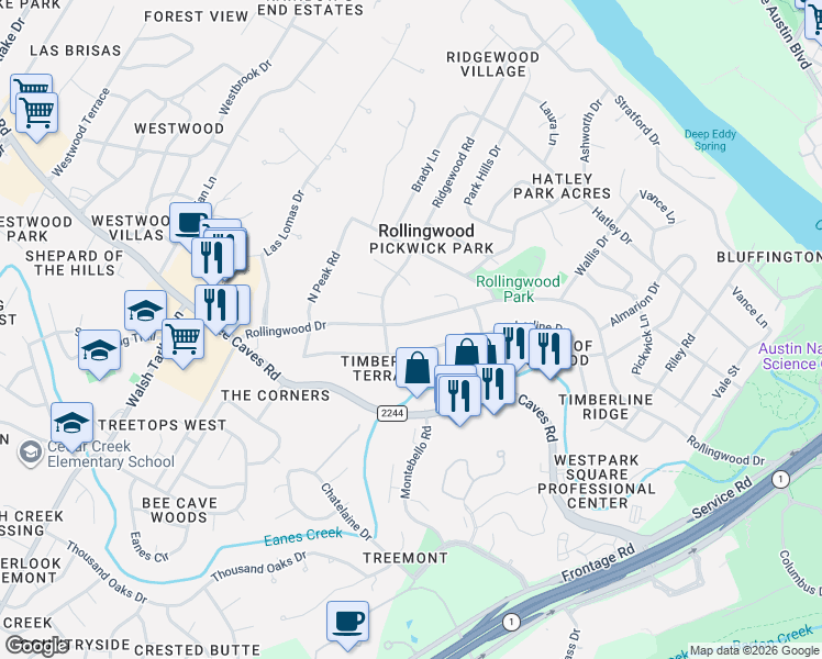 map of restaurants, bars, coffee shops, grocery stores, and more near 4914 Rollingwood Drive in West Lake Hills