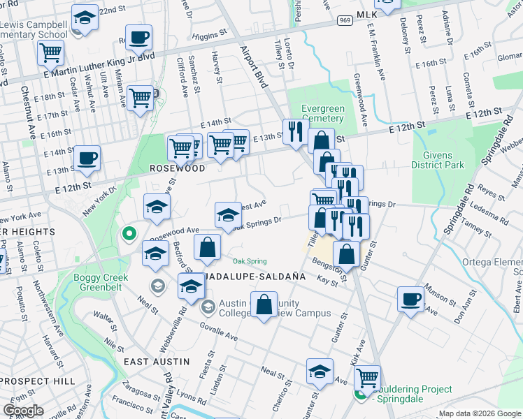 map of restaurants, bars, coffee shops, grocery stores, and more near 2808 Oak Springs Drive in Austin