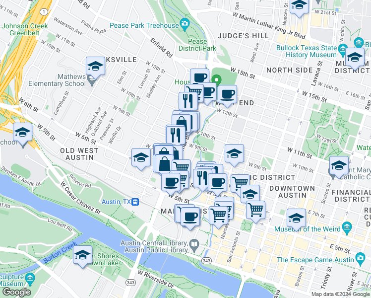 map of restaurants, bars, coffee shops, grocery stores, and more near 901 West 9th Street in Austin