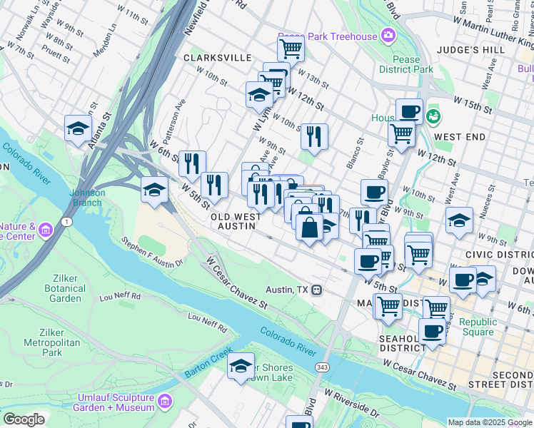 map of restaurants, bars, coffee shops, grocery stores, and more near 1315 West 6th Street in Austin