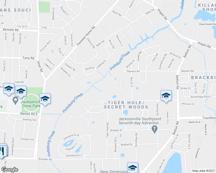 map of restaurants, bars, coffee shops, grocery stores, and more near 2915 Dickinson Road in Jacksonville