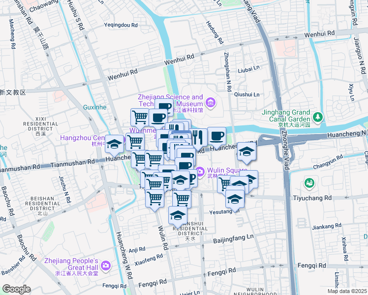 map of restaurants, bars, coffee shops, grocery stores, and more near 208 Huancheng North Road in Hangzhou Shi