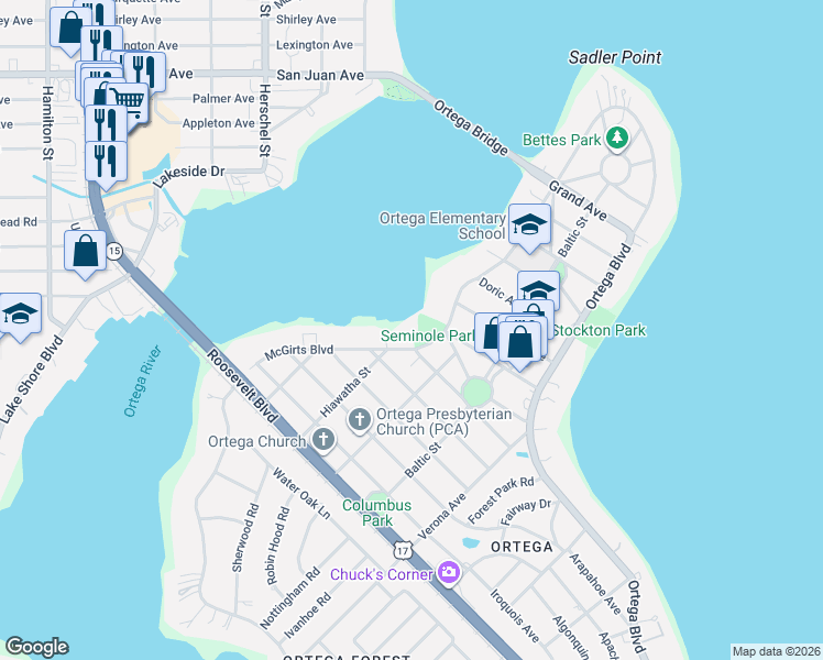 map of restaurants, bars, coffee shops, grocery stores, and more near 4250 McGirts Boulevard in Jacksonville