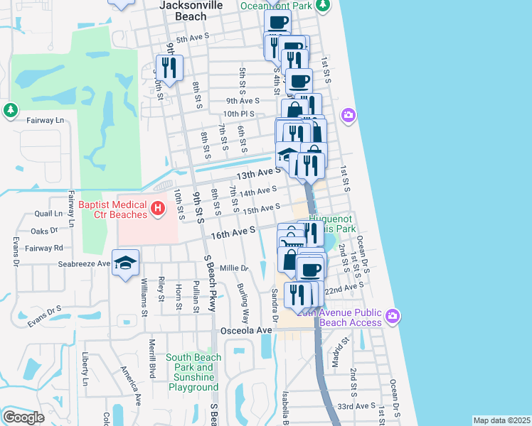map of restaurants, bars, coffee shops, grocery stores, and more near 512 15th Avenue South in Jacksonville Beach