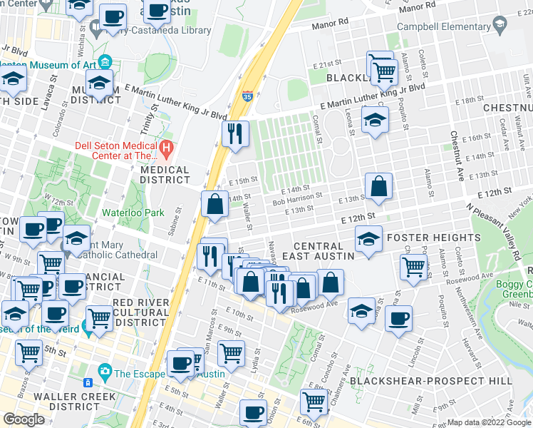 map of restaurants, bars, coffee shops, grocery stores, and more near E 13th St & Navasota St in Austin