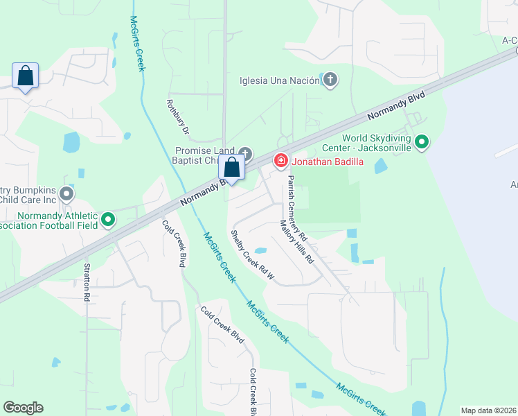 map of restaurants, bars, coffee shops, grocery stores, and more near 10341 Shelby Creek Road North in Jacksonville
