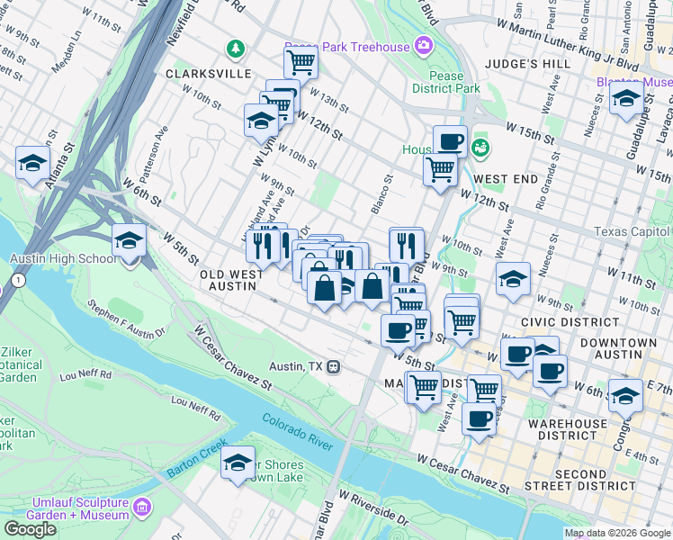 map of restaurants, bars, coffee shops, grocery stores, and more near 1200 West 6th Street in Austin