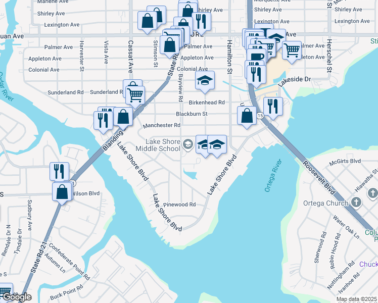 map of restaurants, bars, coffee shops, grocery stores, and more near 2519 Bayview Road in Jacksonville