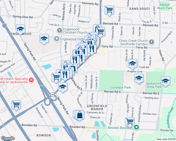 map of restaurants, bars, coffee shops, grocery stores, and more near 2818 Melhollin Drive in Jacksonville