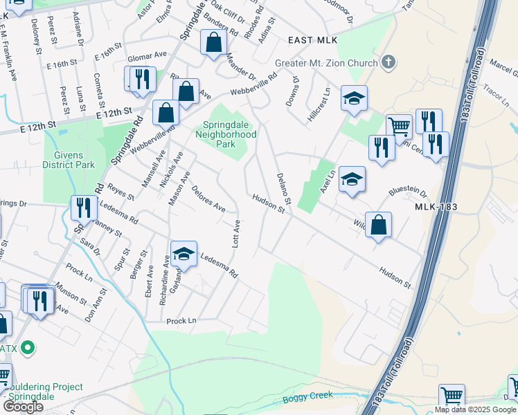map of restaurants, bars, coffee shops, grocery stores, and more near 1136 Eleanor Street in Austin
