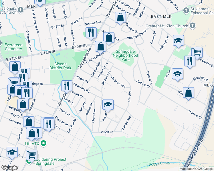 map of restaurants, bars, coffee shops, grocery stores, and more near 5108 Rainbow Ridge Circle in Austin