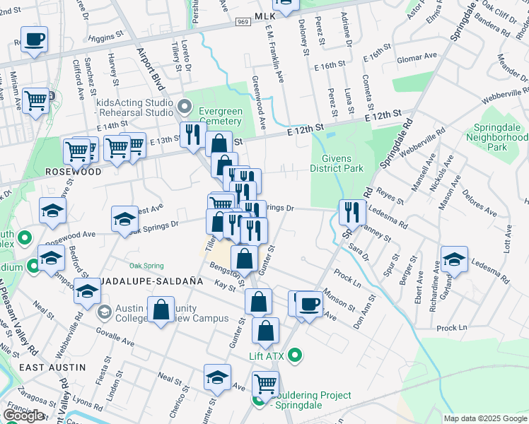 map of restaurants, bars, coffee shops, grocery stores, and more near 1144 3/4 Gunter Street in Austin