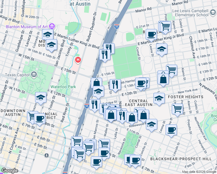 map of restaurants, bars, coffee shops, grocery stores, and more near in Austin
