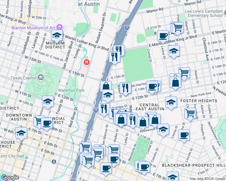 map of restaurants, bars, coffee shops, grocery stores, and more near in Austin