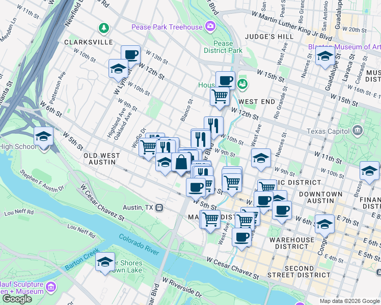 map of restaurants, bars, coffee shops, grocery stores, and more near 608 Baylor Street in Austin