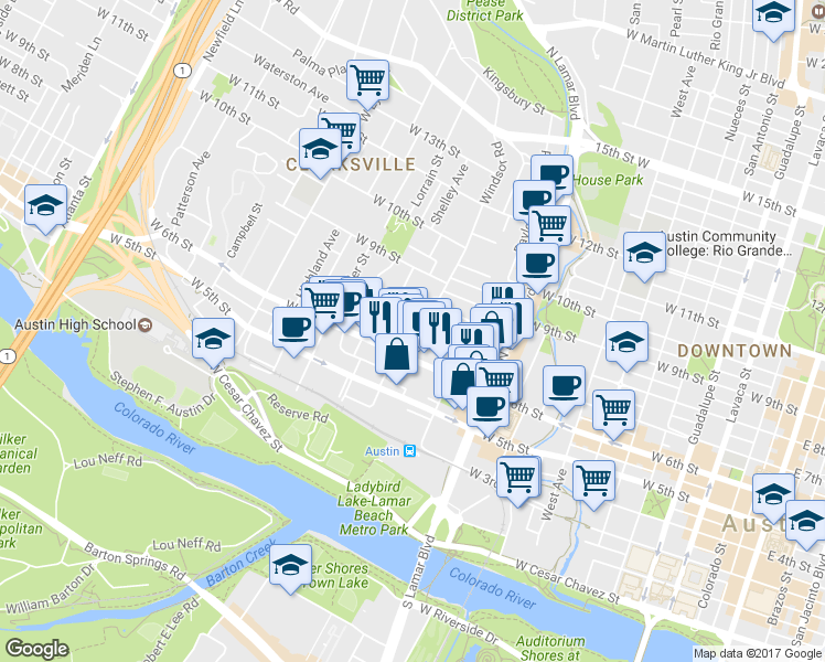 map of restaurants, bars, coffee shops, grocery stores, and more near 1200 West 6th Street in Austin