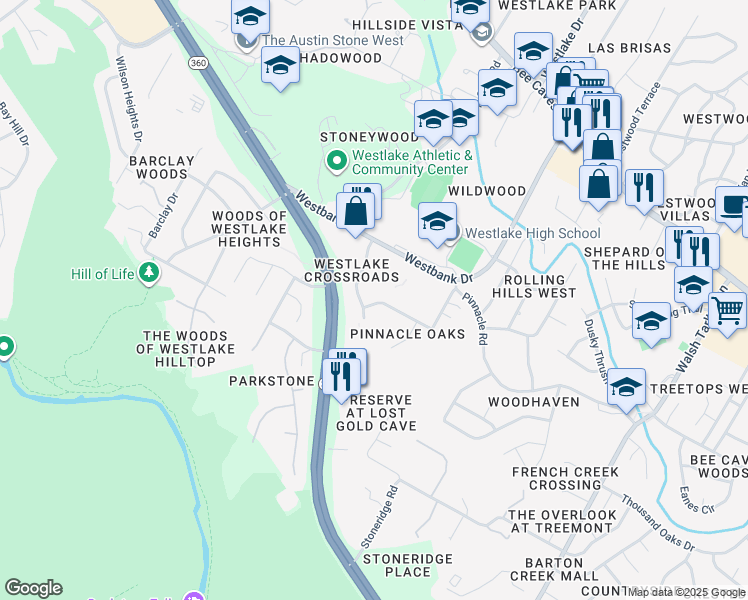map of restaurants, bars, coffee shops, grocery stores, and more near 1515 South Capital of Texas Highway in Austin