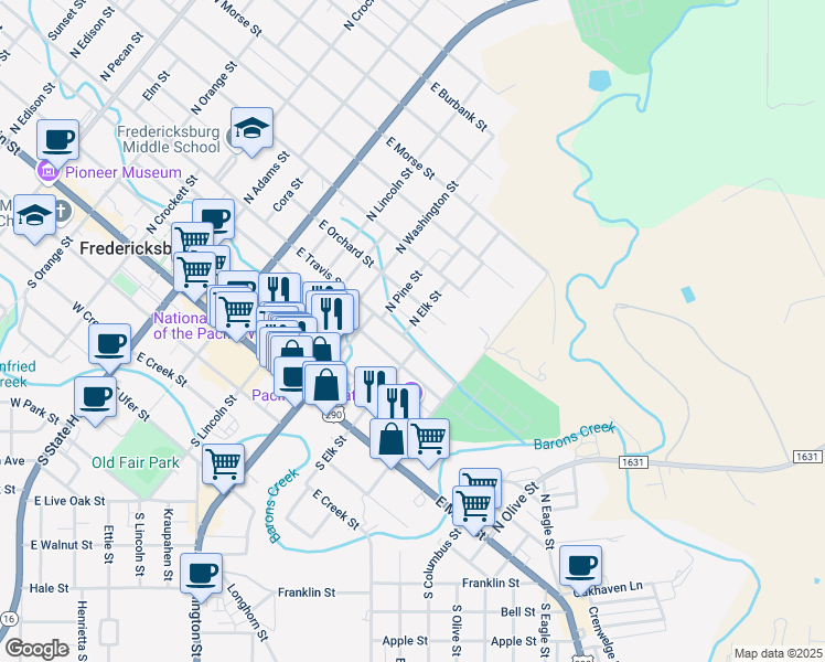 map of restaurants, bars, coffee shops, grocery stores, and more near 419 East Travis Street in Fredericksburg