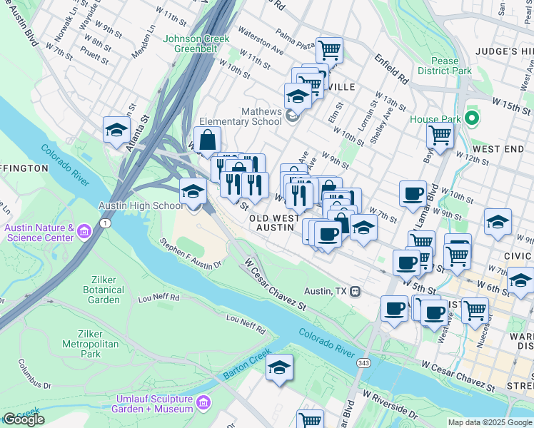map of restaurants, bars, coffee shops, grocery stores, and more near 1504 West 5th Street in Austin