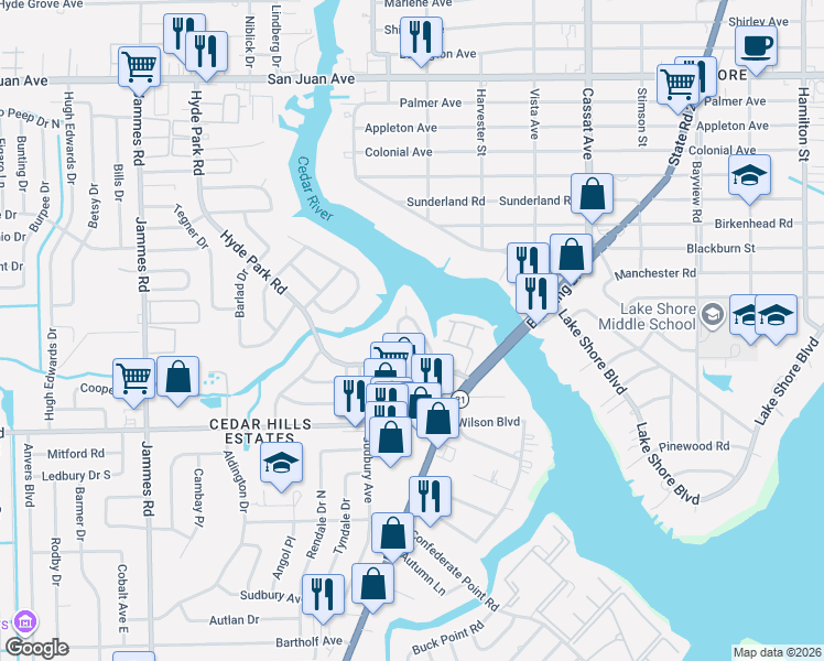 map of restaurants, bars, coffee shops, grocery stores, and more near 2460 Ormsby Circle East in Jacksonville