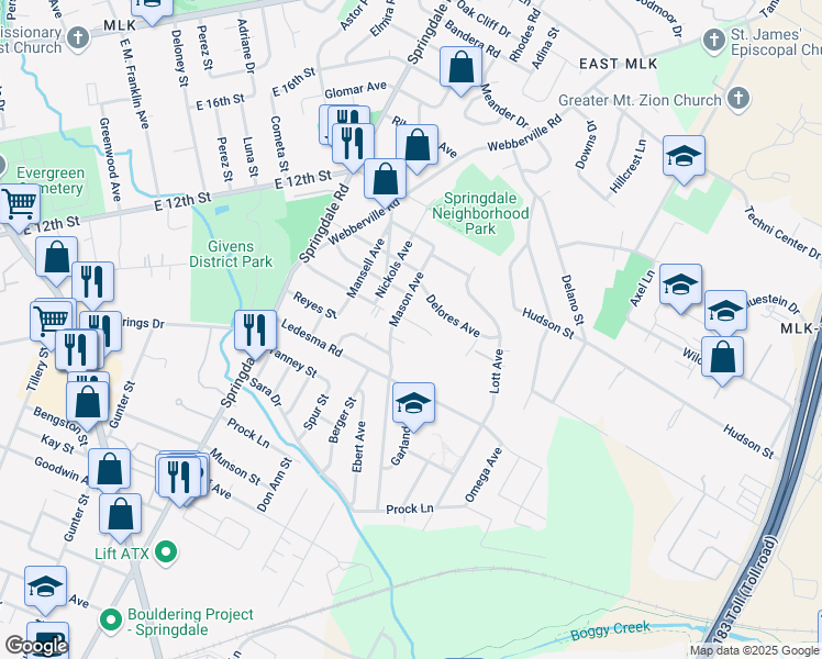map of restaurants, bars, coffee shops, grocery stores, and more near 5108 Rainbow Ridge Circle in Austin