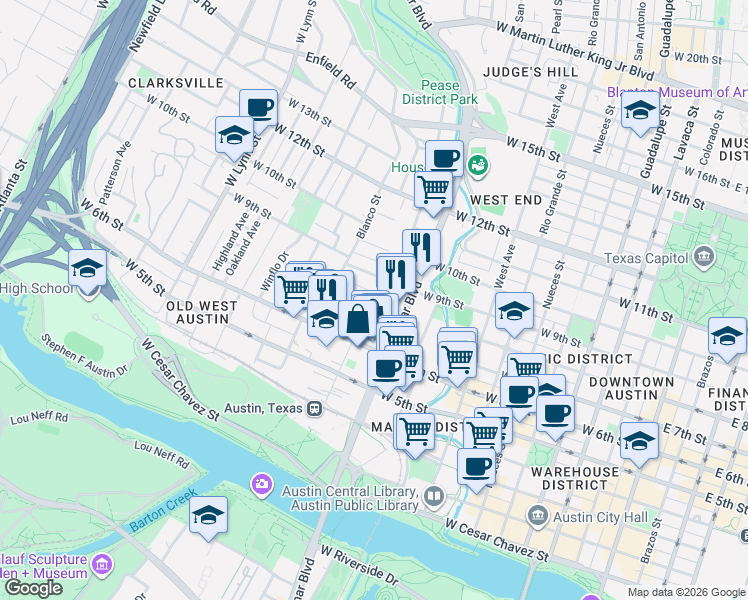 map of restaurants, bars, coffee shops, grocery stores, and more near 608 Baylor Street in Austin