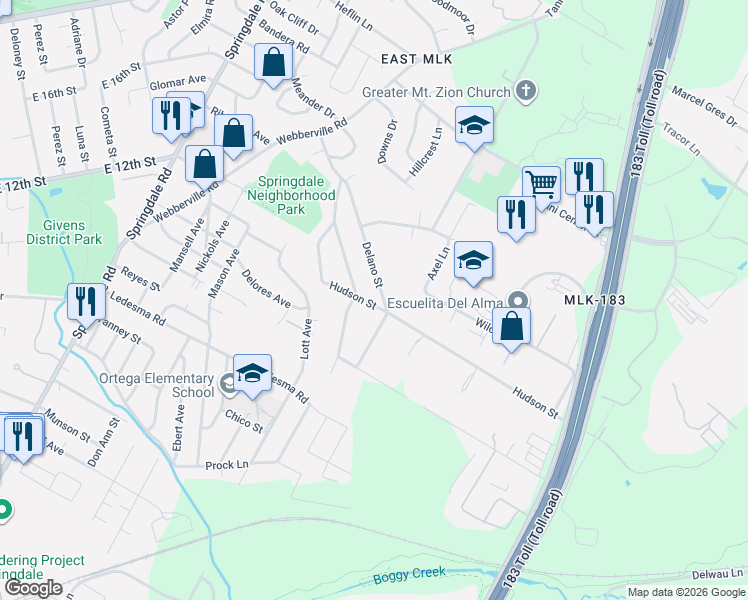map of restaurants, bars, coffee shops, grocery stores, and more near 5515 Hudson Street in Austin