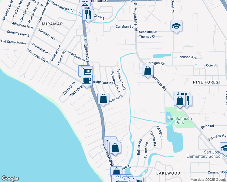 map of restaurants, bars, coffee shops, grocery stores, and more near 4589 Birchwood Avenue in Jacksonville